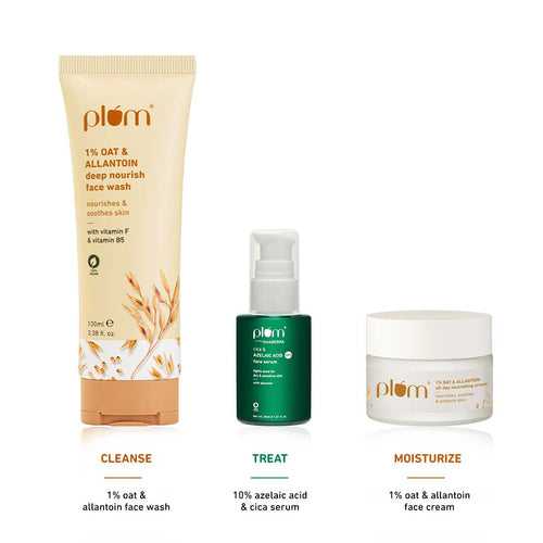 Acne Fighting Combo For Dry, Sensitive Skin | Oat Face Wash, 10% Azelaic Acid Serum, Oat Face Cream