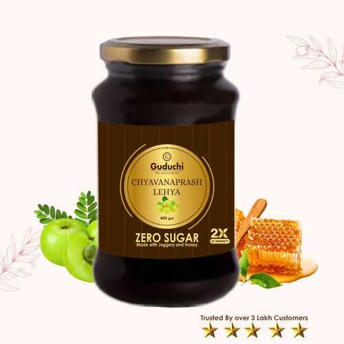 Guduchi Ayurveda Chyavanprash Made with Jaggery and Honey, Packed in glass jar, 2X Immunity Booster for all age groups-No Sugar - 400gms [LIMITED OFFER: PACK OF 3 AT THE PRICE OF 2]