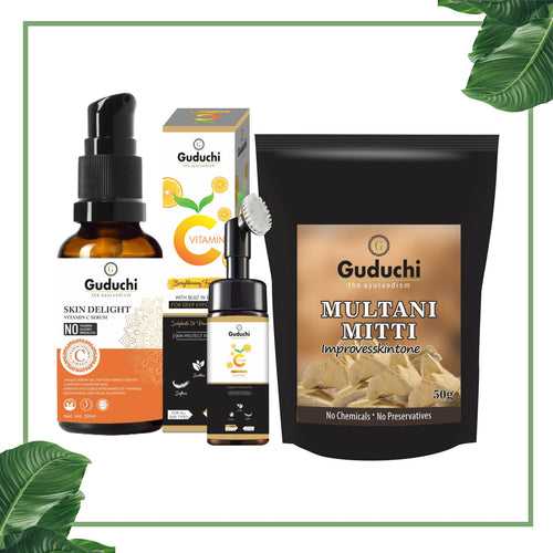 Guduchi Ayurveda Skin Trio: Vitamin C Serum, Vitamin C Foaming Face Wash & Multani Mitti Combo for a Natural Glow