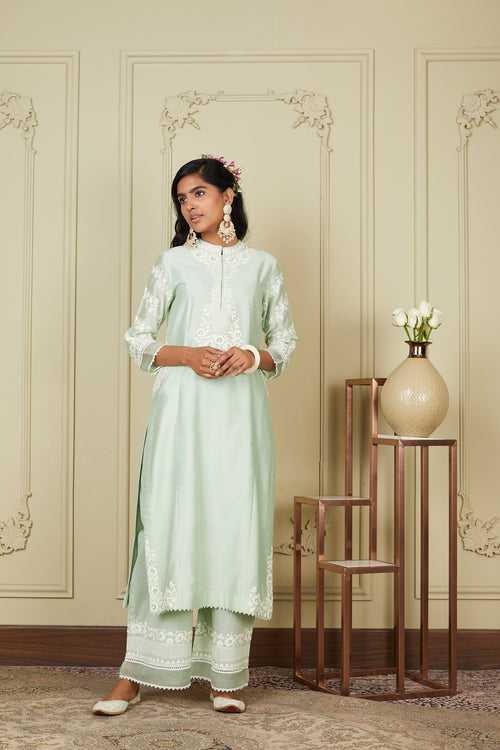 Banafsha - Frosty Green Long kurta with palazzo