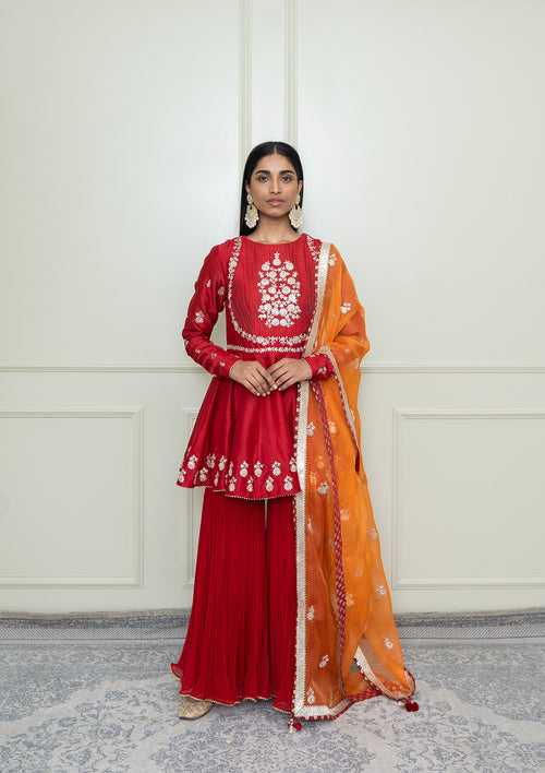 Shahana-Scarlet Red Georgette Gharara Set