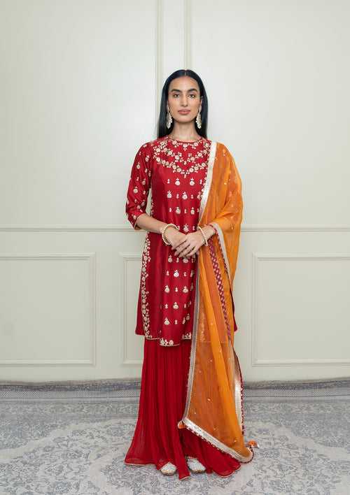 Shahira- Scarlet Red Georgette Gharara Set