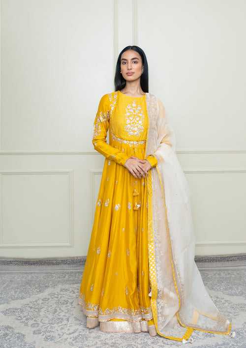 Taarini- Glaze Mustard Tilla Embroidered Anarkali Set