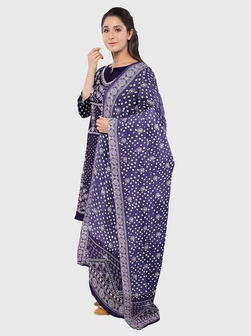Purple Lucknowi Bandhani Unstitched Suit in Modal Silk