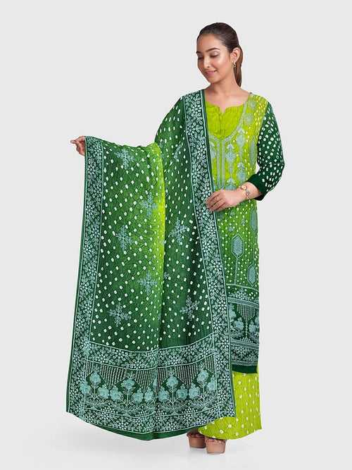 Parrot And Green Lucknowi Bandhani Unstitched Suit in Modal Silk