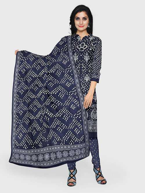 Grey Lucknowi Bandhani Unstitched Suit in Modal Silk