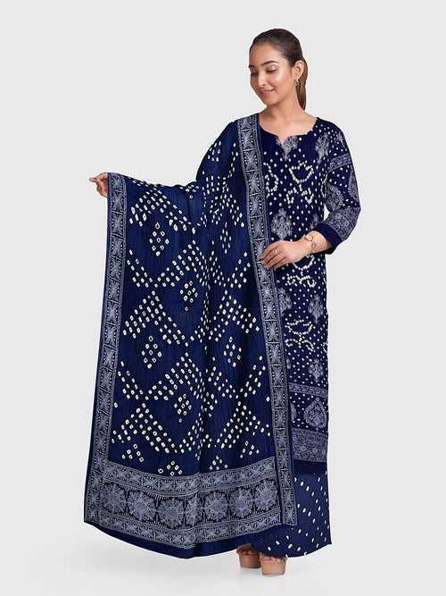 Navy Blue Lucknowi Bandhani Unstitched Suit in Modal Silk