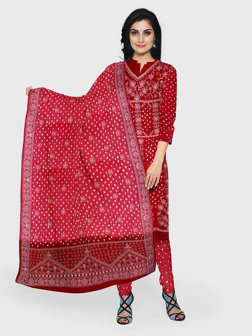 Red And Coral Lucknowi Bandhani Unstitched Suit in Modal Silk