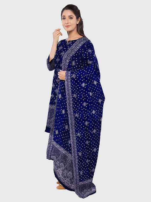 Blue Lucknowi Bandhani Unstitched Suit in Modal Silk