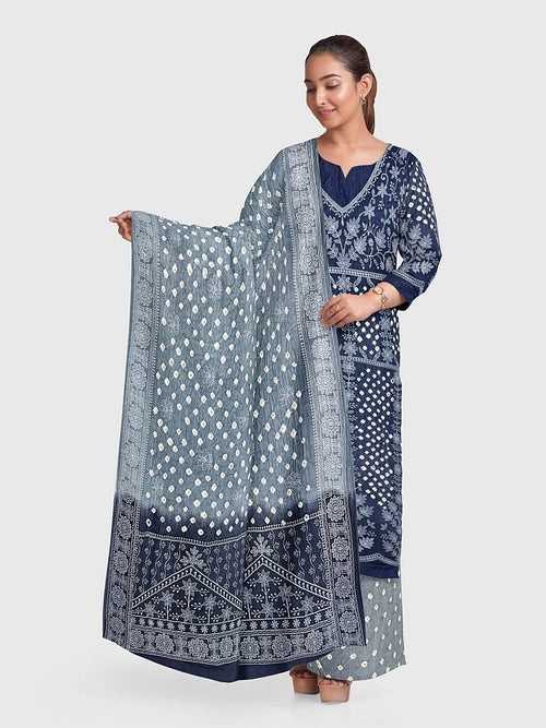 Grey Shaded Lucknowi Bandhani Unstitched Suit in Modal Silk