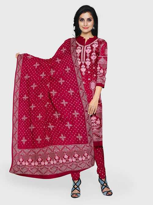 Pink Lucknowi Bandhani Unstitched Suit in Modal Silk