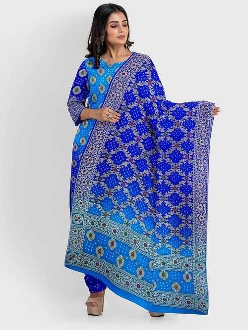 Firozi And Blue Banarasi Bandhani Unstitched Suit in Synthetic
