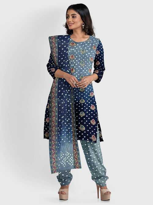 Grey And Navy Blue Banarasi Bandhani Unstitched Suit in Synthetic