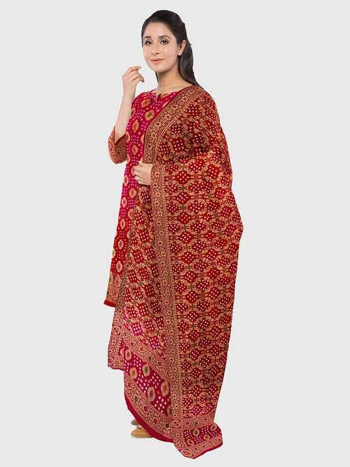 Red And Coral Banarasi Bandhani Unstitched Suit in Synthetic