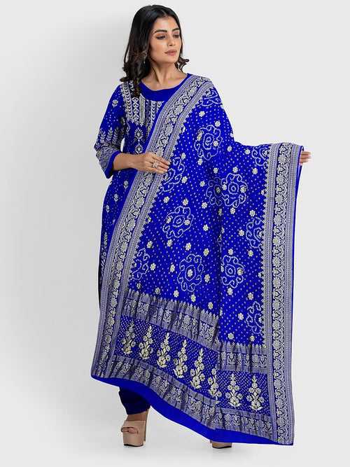 Blue Banarasi Bandhani Unstitched Suit in Georgette