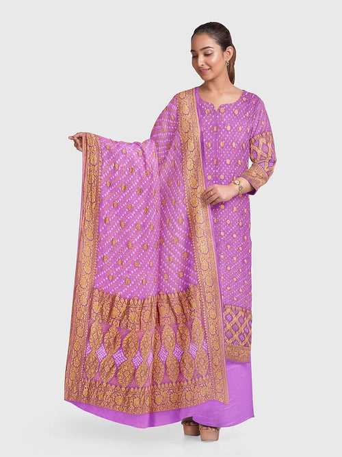 Lavender Banarasi Bandhani Unstitched Suit in Georgette