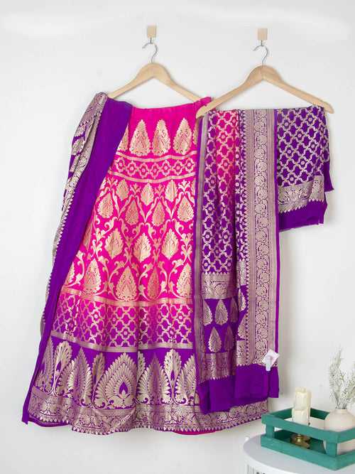 Pink And Purple Banarasi Semi-Stitched Lehenga in Georgette