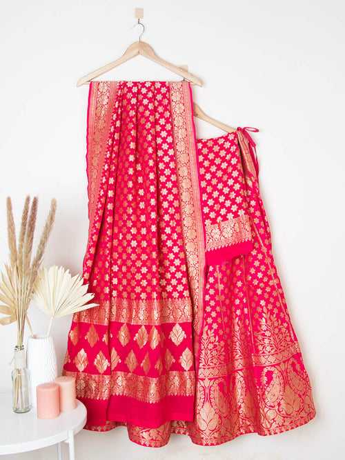 Coral Banarasi Semi-Stitched Lehenga in Georgette