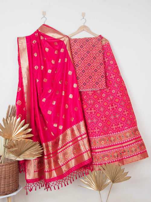 Pink Patola Semi-Stitched Lehenga in Synthetic