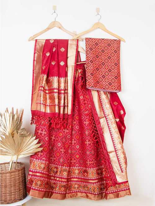 Red Patola Semi-Stitched Lehenga in Synthetic