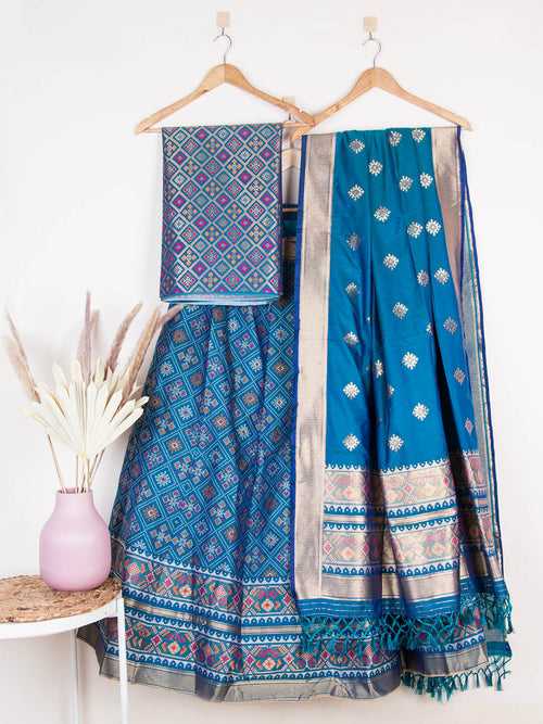 Blue Patola Semi-Stitched Lehenga in Synthetic