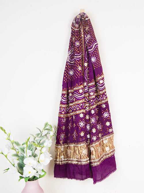 Magenta Embroidered Bandhani Dupatta in Gaji Silk