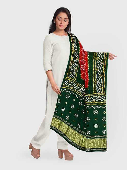 Red And Green Traditional Bandhani Dupatta in Modal Silk