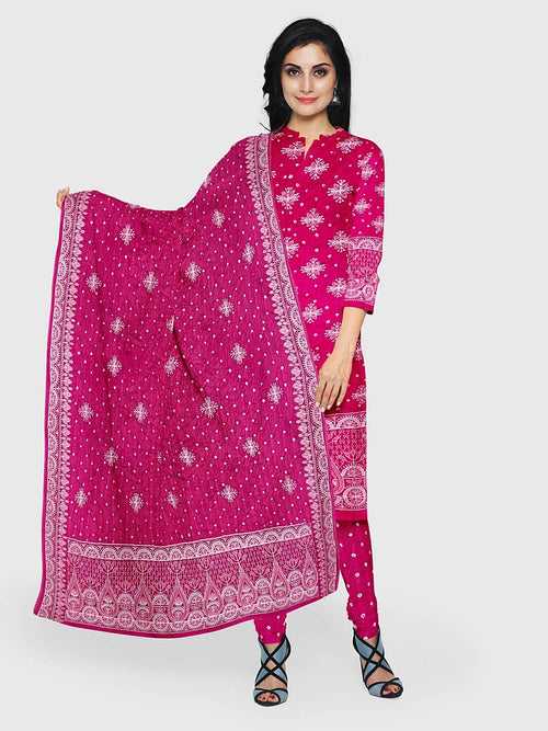Pink Lucknowi Bandhani Unstitched Suit in Modal Silk