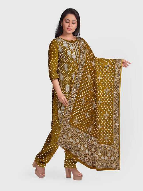 Tussar Lucknowi Bandhani Unstitched Suit in Modal Silk