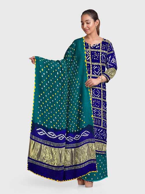 Rama Green And Blue Traditional Bandhani Unstitched Suit in Modal Silk