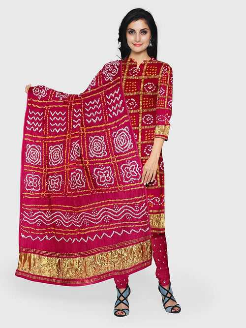Pink Traditional Bandhani Unstitched Suit in Modal Silk