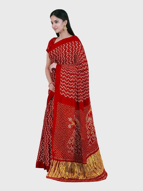 Red Traditional Bandhani Saree in Gaji Silk