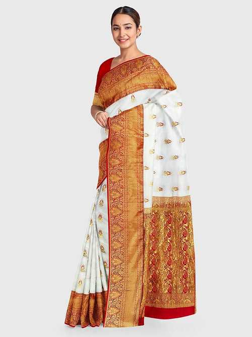 White And Red  Panetar Saree in Pure Silk