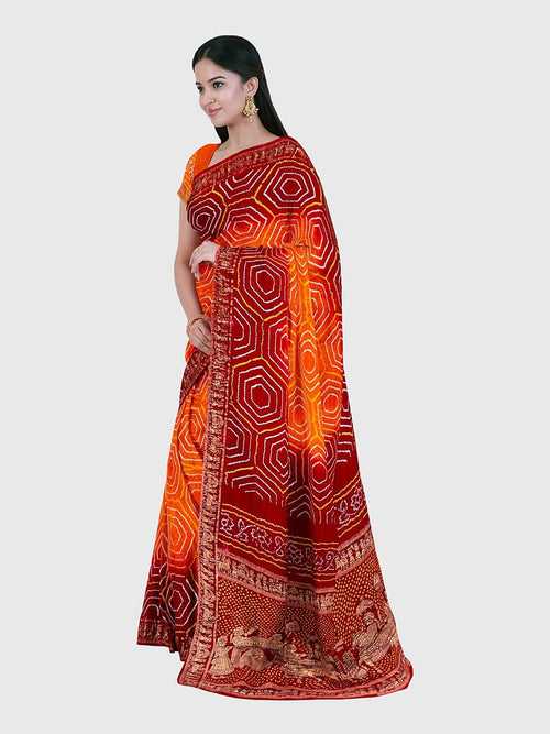 Orange And Red Banarasi Bandhani Saree in Gaji Silk