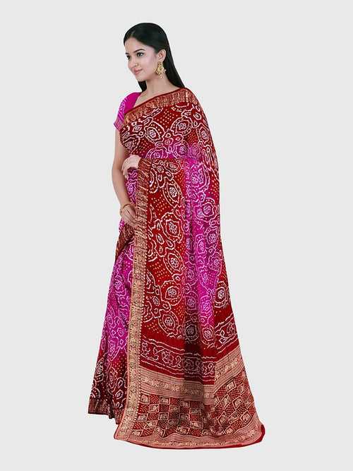 Pink And Red Banarasi Bandhani Saree in Gaji Silk