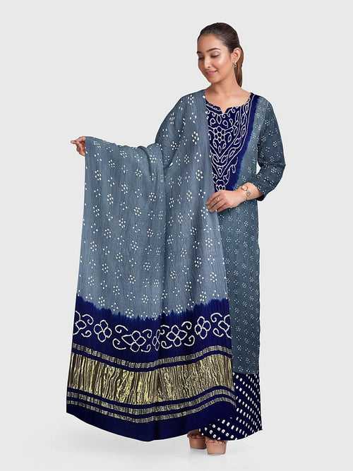 Grey And Navy Blue Traditional Bandhani Unstitched Suit in Gaji Silk