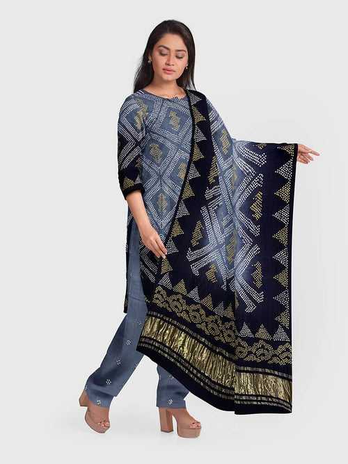 Grey And Black Traditional Bandhani Unstitched Suit in Gaji Silk