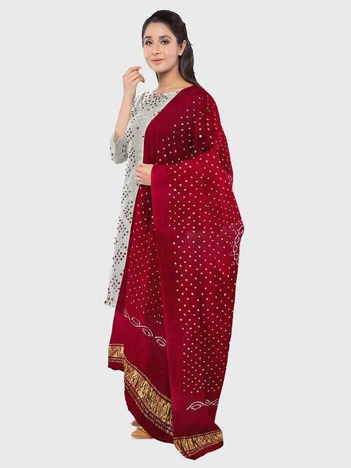 White And Red Traditional Bandhani Unstitched Suit in Gaji Silk