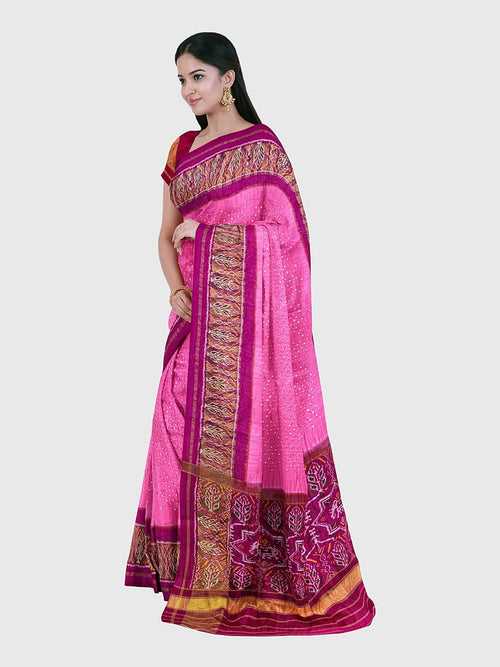 Baby Pink And Pink Patola Bandhani Saree in Pure Silk