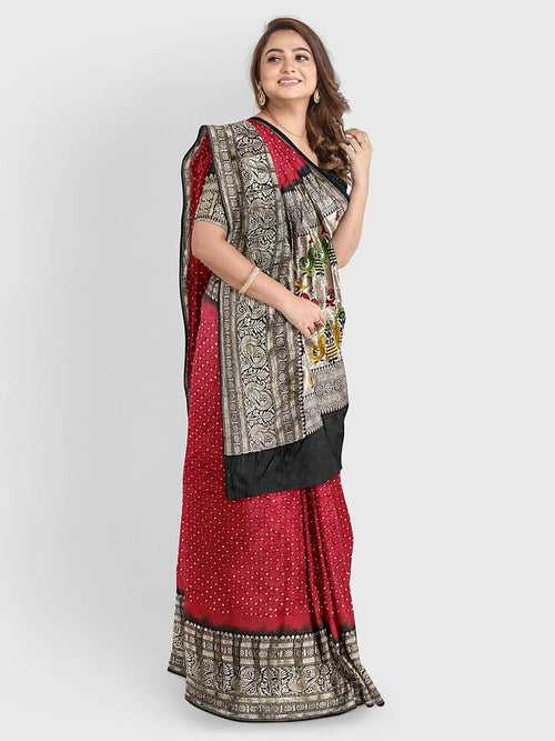 Red And Black Kanjivaram Bandhani Saree in Pure Silk