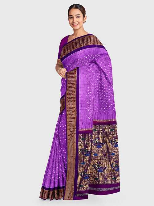 Lavender And Magenta Patola Bandhani Saree in Pure Silk