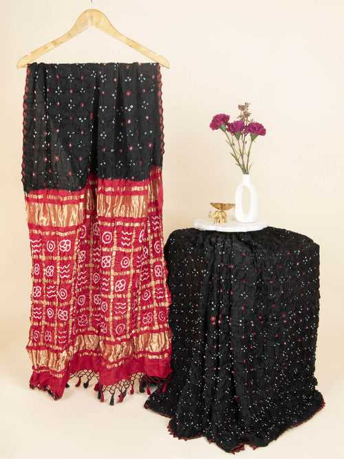Black And Red Traditional Bandhani Saree in Gaji Silk