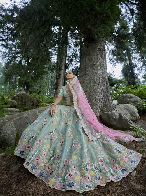 Baby Blue And Pink Embroidered Semi-Stitched Lehenga in Synthetic