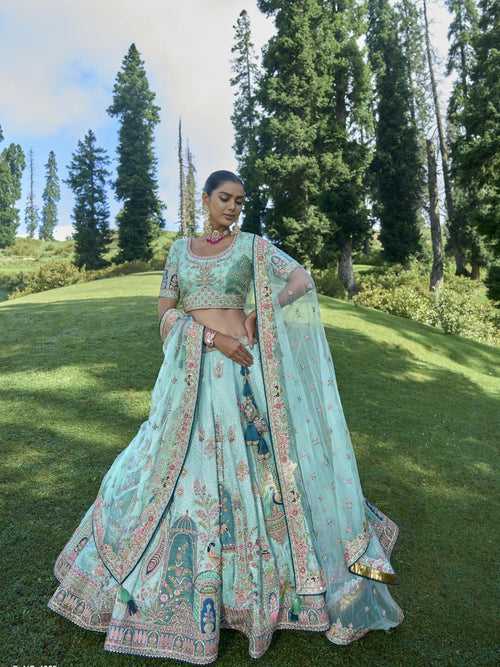 Baby Blue Embroidered Semi-Stitched Lehenga in Synthetic