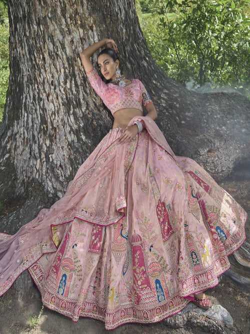 Baby Pink And Baby Blue Embroidered Semi-Stitched Lehenga in Synthetic