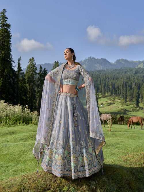 Grey Embroidered Semi-Stitched Lehenga in Synthetic