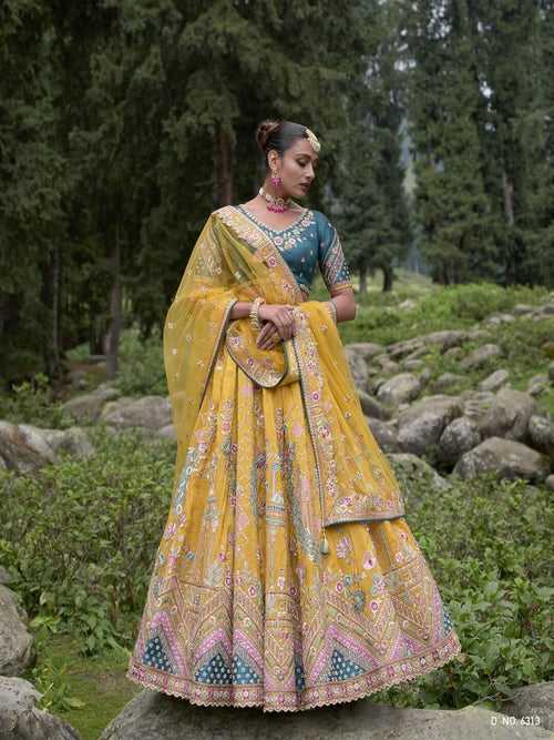 Yellow Embroidered Semi-Stitched Lehenga in Synthetic