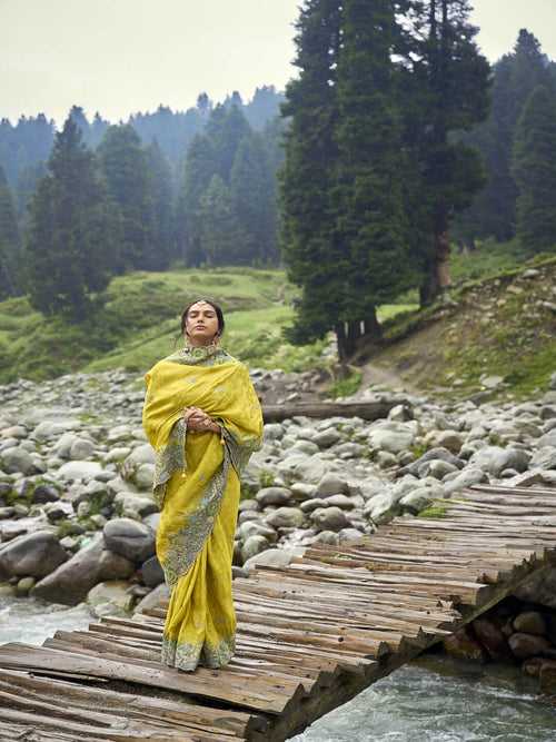 Yellow Embroidered Banarasi Saree in Synthetic