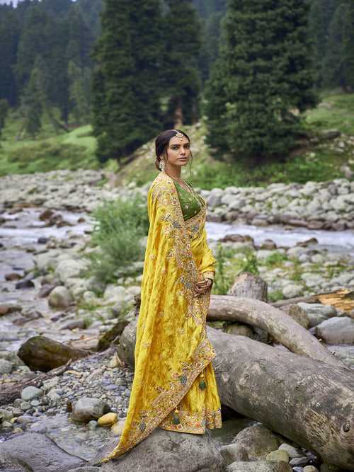 Yellow Embroidered Banarasi Saree in Synthetic