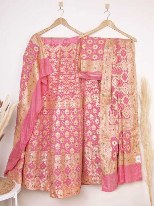 Baby Pink Bandhani Semi-Stitched Lehenga in Synthetic